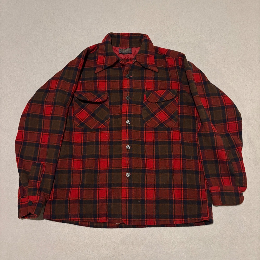 Vintage 70s Pendleton Flannel Plaid Shirt Red Buffalo Check Mens Large Wool